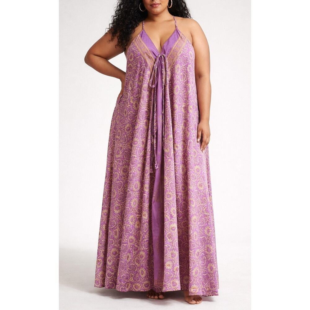 Dharma Silk Blend Boho Printed Racerback Maxi Dress Pink Purple One Size